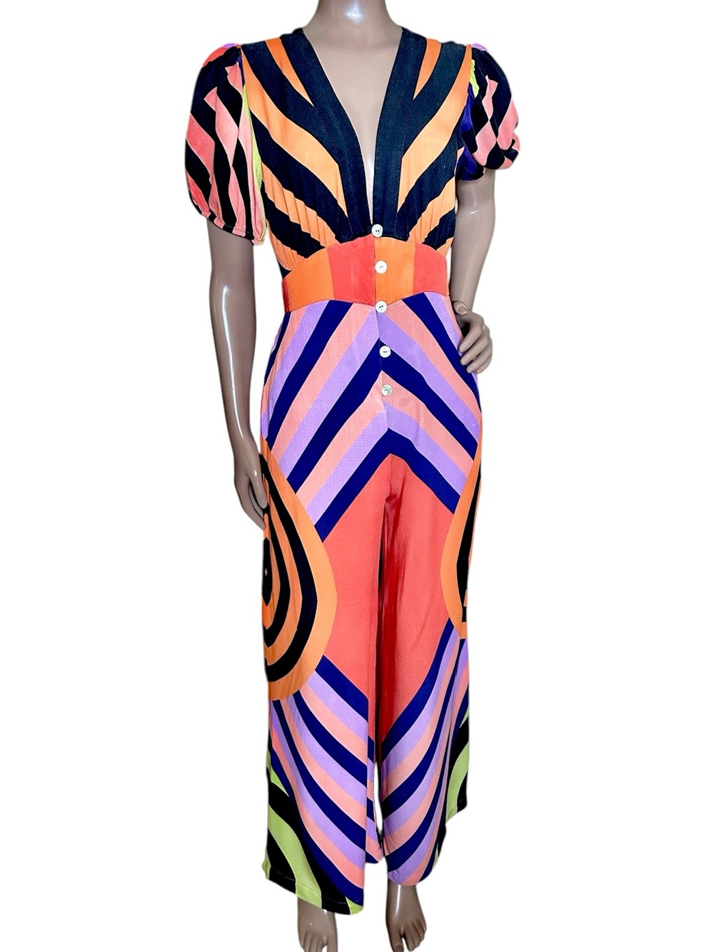 FARM Rio Deep V Wide Leg Jumpsuit Colorful Geometric Button Front Pockets Sz XS - Picture 3 of 13